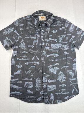 Reel Obsession Saltwater Mens L Short sleeve Button down Up Camp Fishing shirt